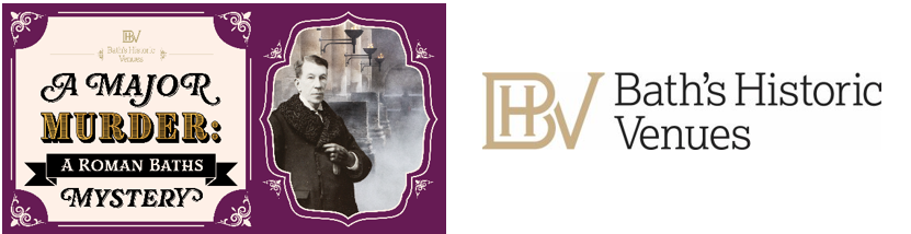 The logos for Bath Historic Venues' Roman Baths Murder Mystery