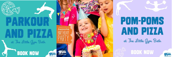 A child celebrating a birthday surrounded by banners advertising parkour and pizza and pom poms and pizza