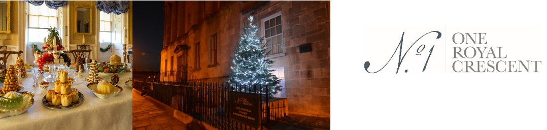 The logo for No.1 Royal Crescent with images of the interior and a Christmas tree.