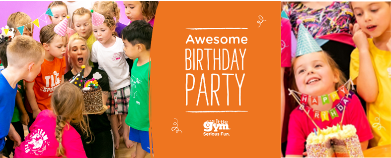 Poster for The Little Gym Bath showing children celebrating a birthday party