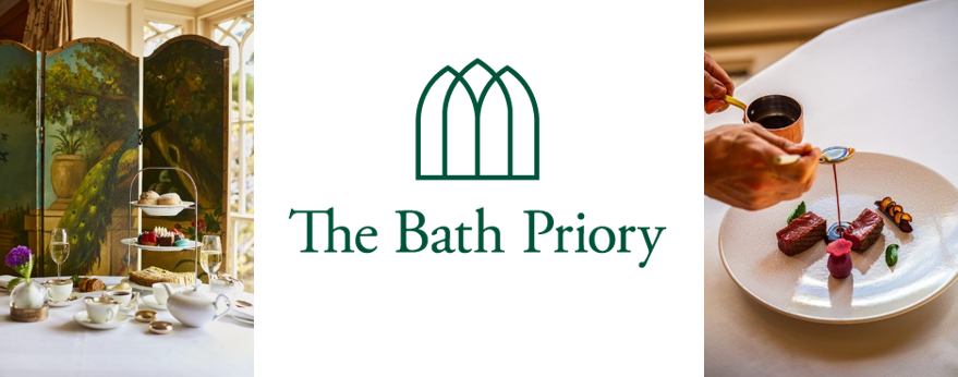 Images of the rooms and the food at The Bath Priory with the company logo inbetween.