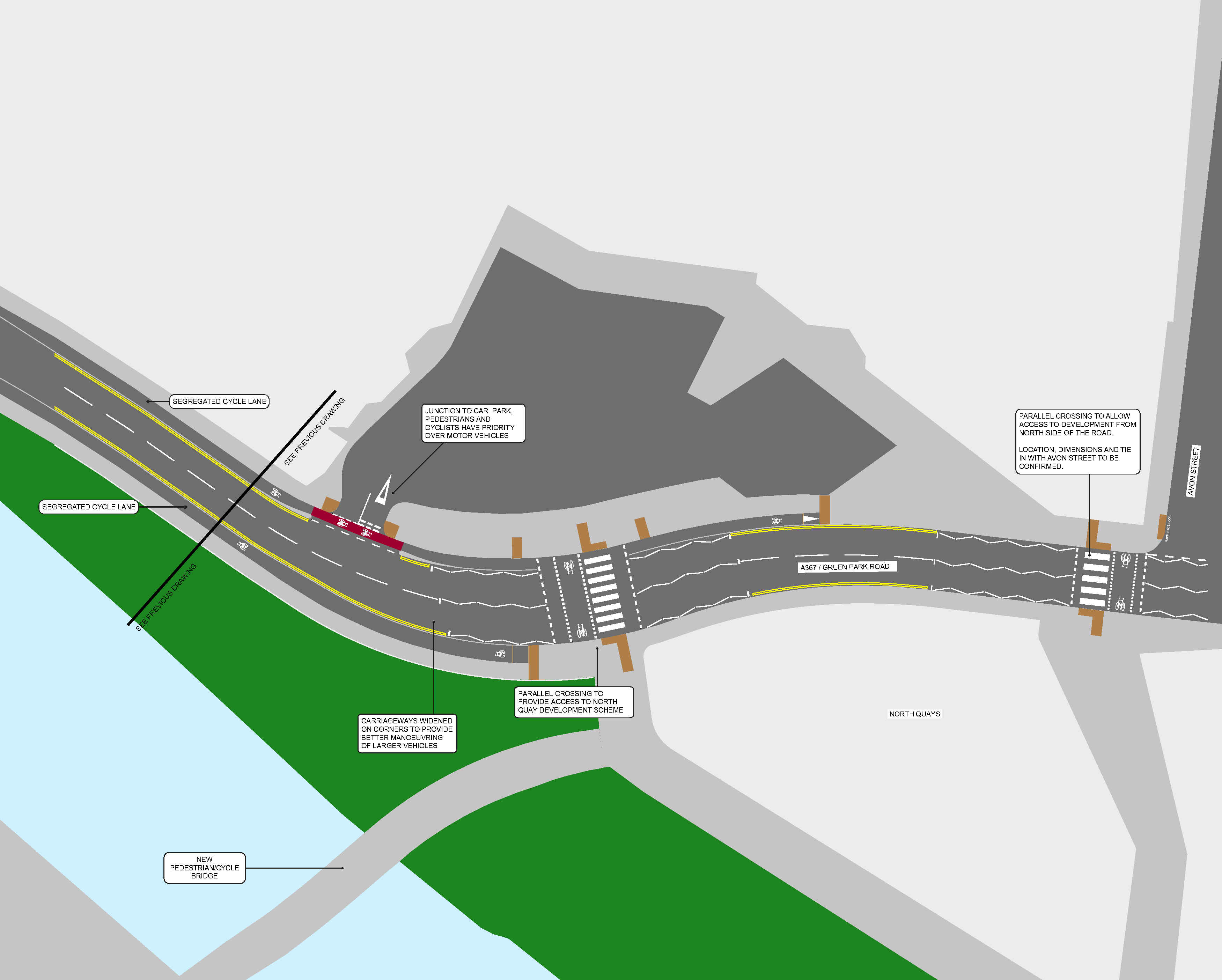 Map of section 1 of the proposed improvements to Green Park Road as part of the Bath Quays Links project.