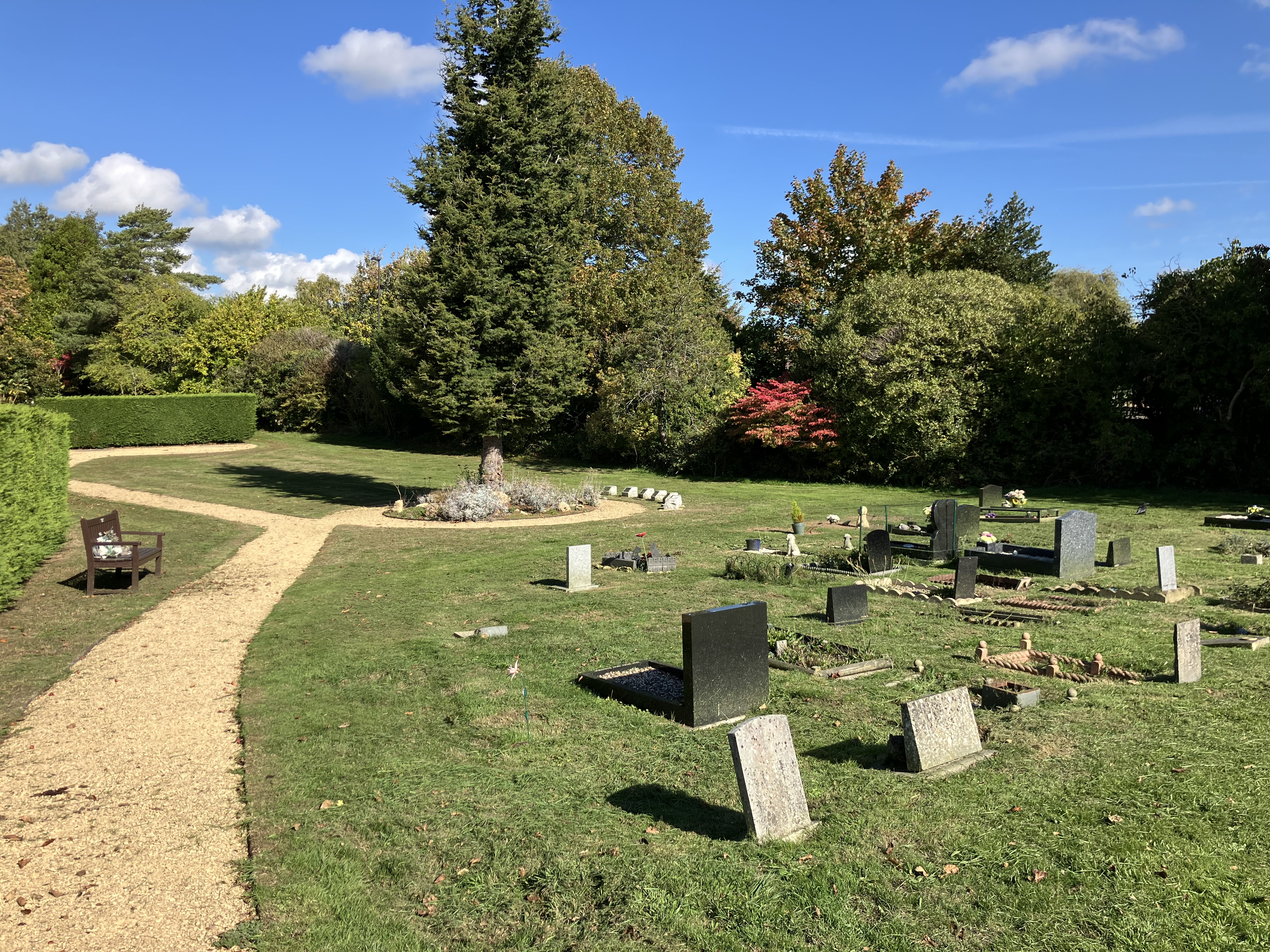 Open a large version of this image A grassy area with a path running through it, and gravestones on the grass
