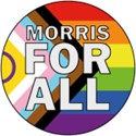 Open a large version of this image The slogan 'Morris For All' over the background of a Progress Pride flag.