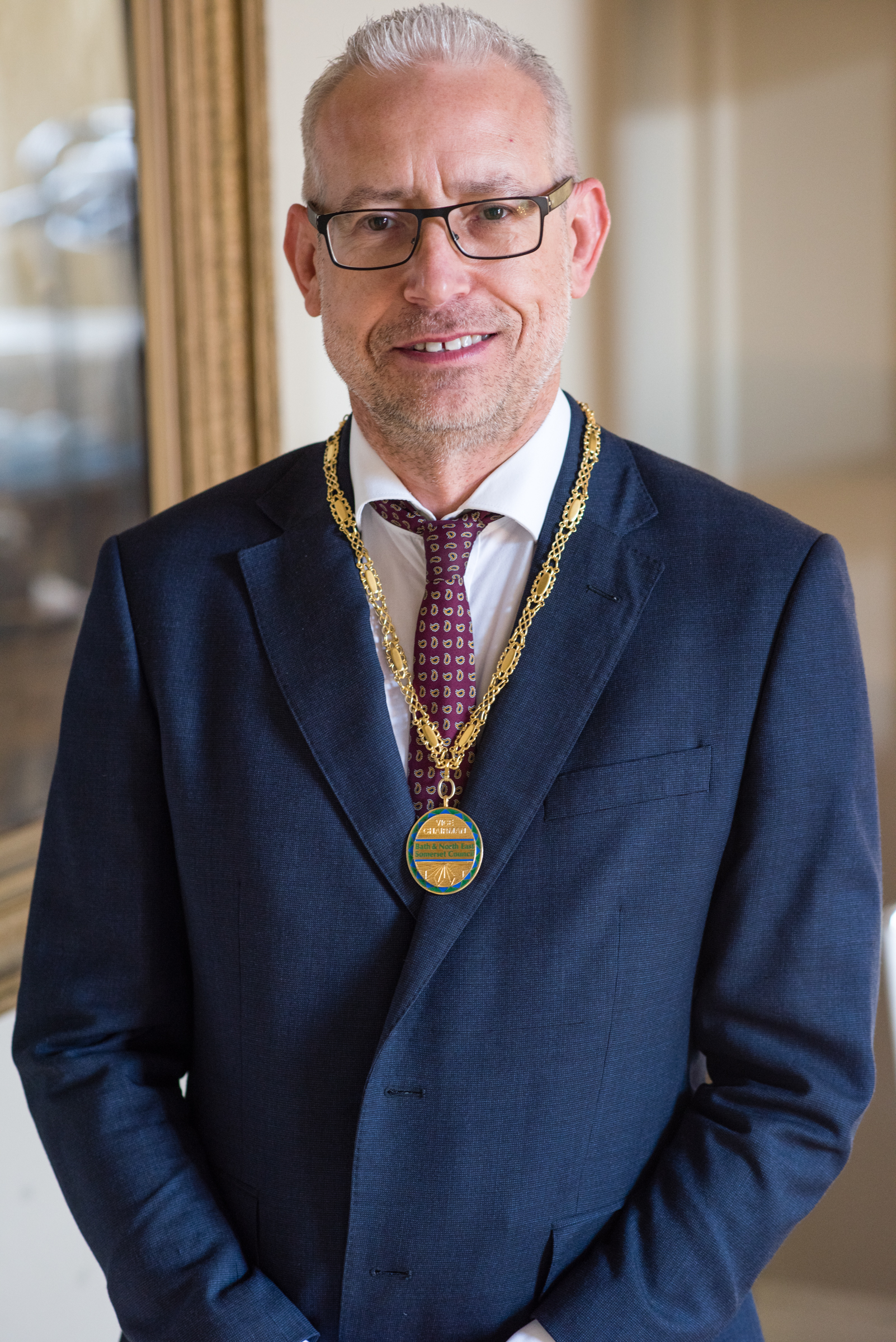 A portrait image of Councillor Shaun Stephenson-McGall, Vice Chair of the council. A rshort grey-haired man in a dark blue suit, with the chain of office around his neck