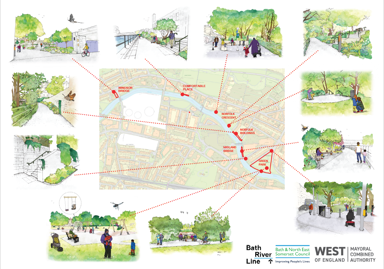 Open a large version of this image Artist’s impressions of proposed changes along the towpath in Bath as part of the Bath River Line project, showing people and wildlife by the river