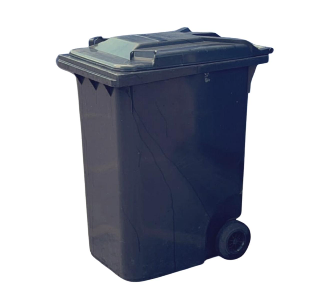 A black bin with a green lid