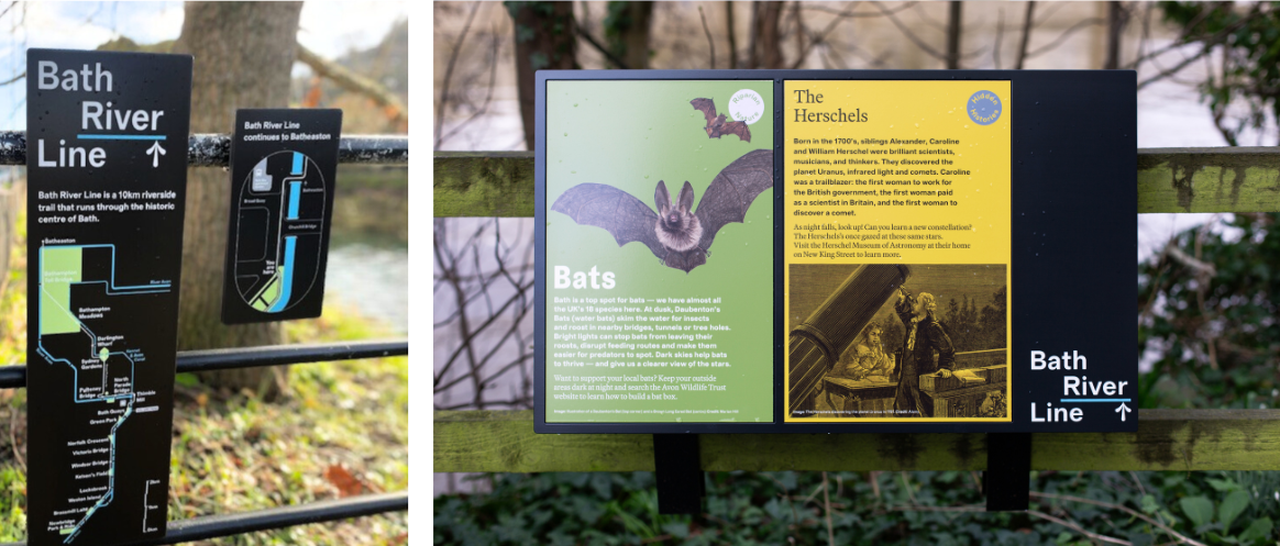 Open a large version of this image Example of new Bath River Line wayfinding and wildlife signage along the route. The image features two elements: a Bath River Line wayfinding sign mounted on a lamp post, and a sign highlighting the presence of bats on the route. The signage highlights key locations along the 10km riverside trail, which connects Newbridge and Batheaston through the historic centre of Bath.