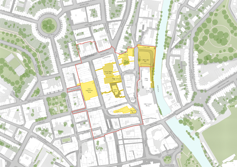 Diagram of seven key sites in Milsom Quarter